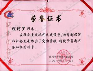 “程阿羅”被授予隨州市曾都區勞動模范